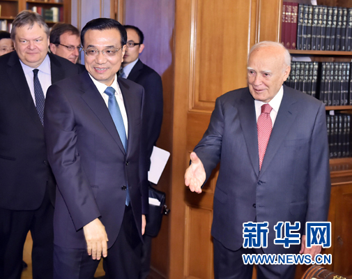 6月20日，國(guó)務(wù)院總理李克強(qiáng)在雅典總統(tǒng)府會(huì)見(jiàn)希臘總統(tǒng)帕普利亞斯。新華社記者 李濤 攝