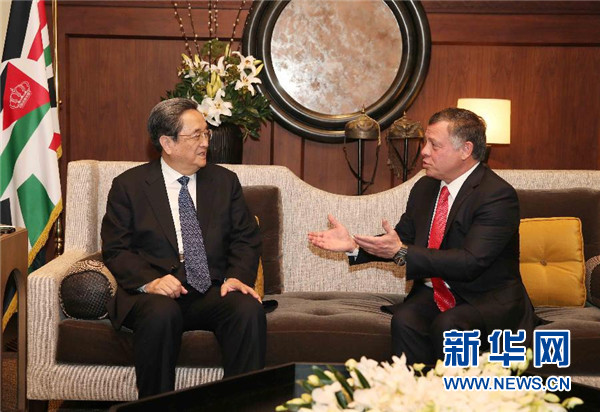 11月9日，正在約旦進(jìn)行正式友好訪問(wèn)的全國(guó)政協(xié)主席俞正聲在安曼會(huì)見(jiàn)約旦國(guó)王阿卜杜拉二世。 新華社記者 劉衛(wèi)兵 攝 
